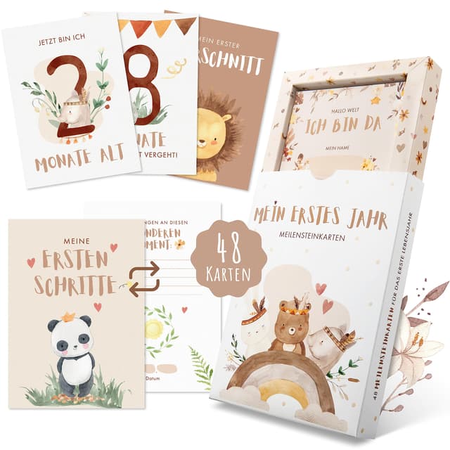 EULENTALER® Meilensteinkarten Baby | Das Original 🌟 | Handgemalte Boho Illustrationen | 48 Karten mit Box | Angebot: 10.95€