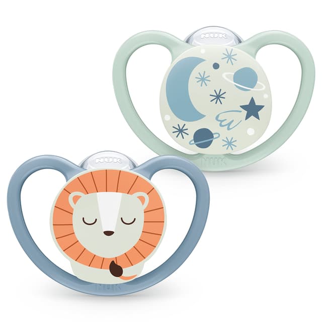 NUK Space Night Babyschnuller | Leuchtende Schnuller für Babys | BPA-freies Silikon | 2 Stück Leuchteffekt Blau