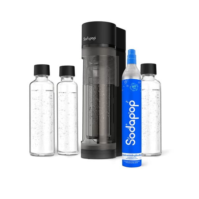 🌊🥤 Sodapop Wassersprudler Logan Starterset mit CO₂-Zylinder und 3x Glasflasche, Matt Schwarz 🌑🔥