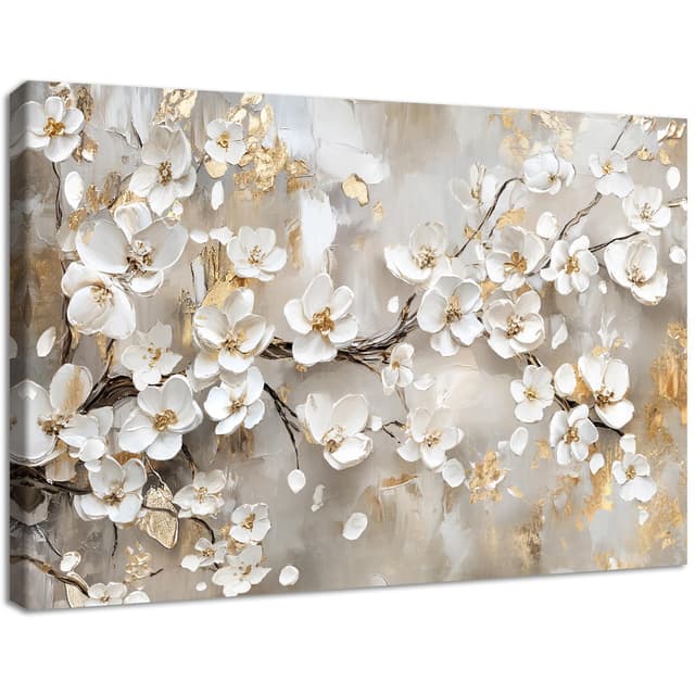 🌸 Weiße Blumen Große Leinwand Bilder Mit Rahmen 120x80cm 🎨 Abstrakter Beige Floral Baum Bild auf Leinwand Malerei Abstraktes Poster Kunstdrucke