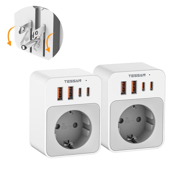 🔌🔋 TESSAN 2 Stück Klappbarer USA Adapter Steckdose 5-in-1 mit USB - Reisestecker Typ B EU to US