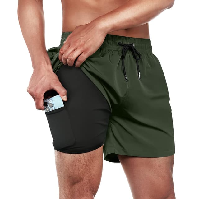 🩳 Ineepor Badehose Herren mit Kompression Badehose mit innenhose Board Shorts 2 in 1 Reißverschlusstasche kurz Badehose L Armeegrün