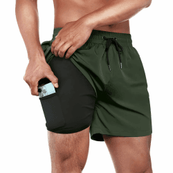 🩳 Ineepor Badehose Herren mit Kompression Badehose mit innenhose Board Shorts 2 in 1 Reißverschlusstasche kurz Badehose L Armeegrün