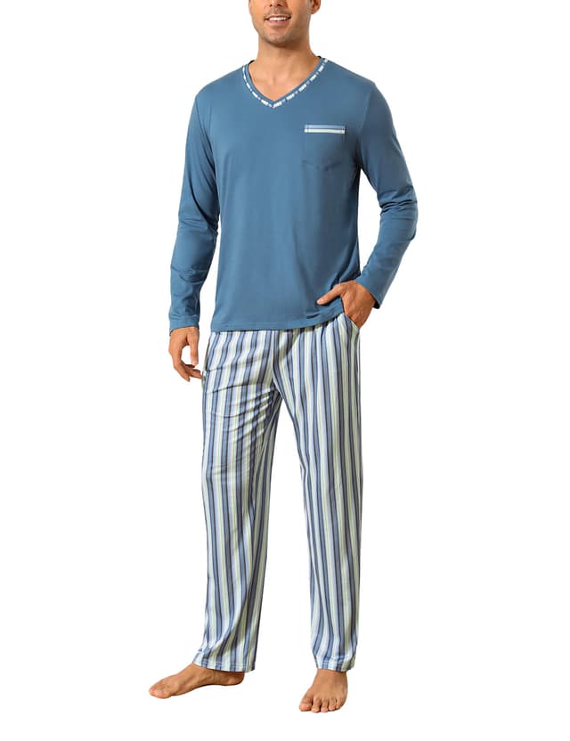 Demegimi Herren Schlafanzug Lang Streifen Baumwolle Winter Pyjama Nightwear Set Langarmshirt gestreifte Schlafanzughose Blaugrau XL 😴🌙