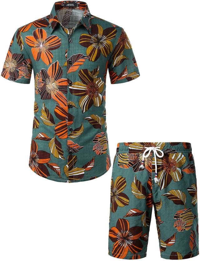 🌺 JOGAL Herren Casual Floral Blumenmuster Kurzarm Hawaiihemd Retro Grün S 🌴
