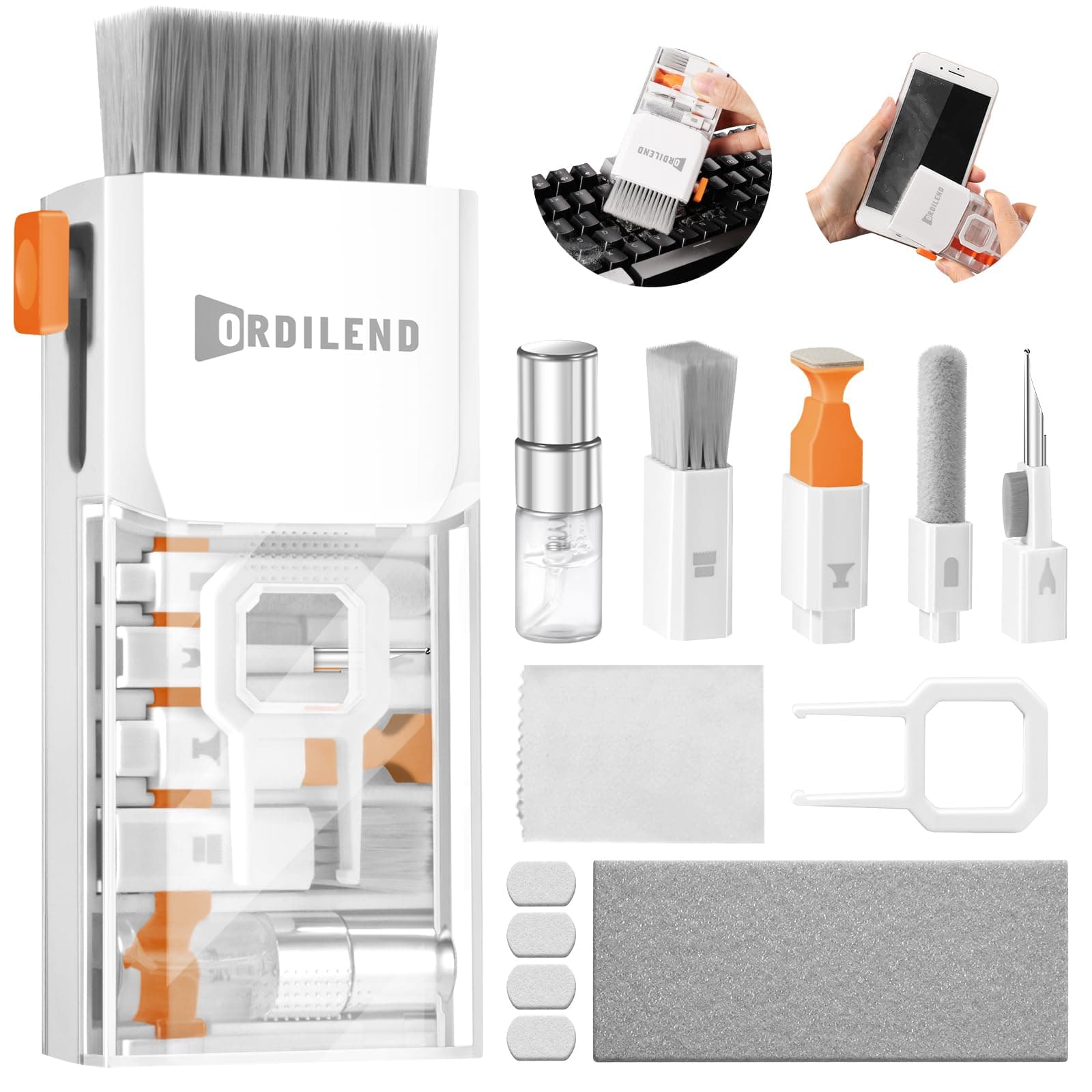 Ordilend Tastatur Reinigungsset 🧼, Alles in Einem Handy Reinigungsset 📱, für iPhone Airpods Tastaturreiniger mit Bürste und Spray 🖱️, Laptop Keyboard Cleaner for Tablet Computer PC Monitor Kamera mit Patent Strahlend Weiß