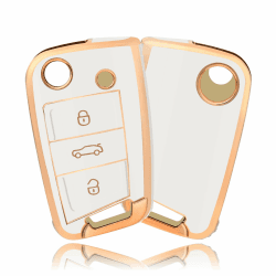 OFFCURVE Autoschlüssel Hülle Schlüsselhülle, Schlüsseltasche Autoschlüssel Schutzhülle TPU Schlüsselgehäuse 3 Tasten für VW Volkswagen Golf 7 Variant Polo Tiguan Seat Leon Cupra Skoda Octavia Superb Weiß Gold 🚗🔑