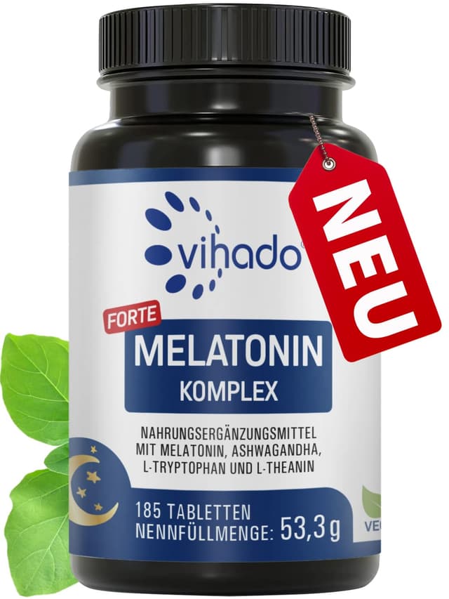 Vihado Melatonin Tabletten hochdosiert - 370 Nächte FORTE Komplex vegan 🌙