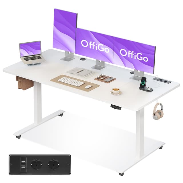 🌟 OffiGo Höhenverstellbarer Schreibtisch 160x70cm mit Steckdosen und USB 🖥️