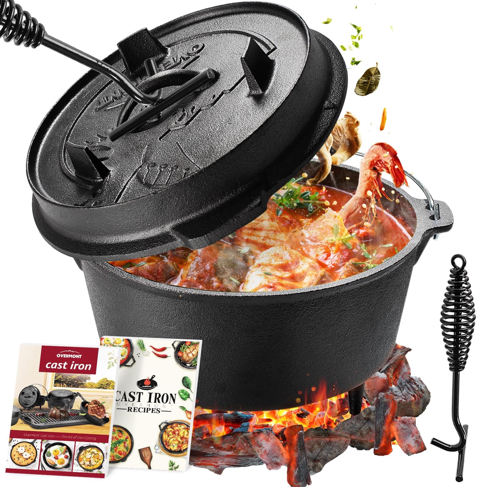 🌲🔥🍳 OVERMONT Dutch Oven Gusseisen Topf - Feuertopf für Abenteuer Garten Lagerfeuer Camping