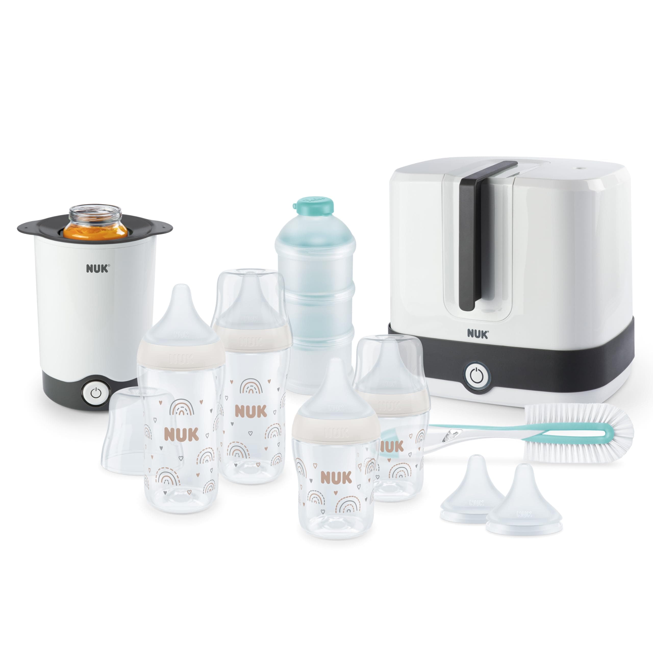 NUK Perfektes Match Komplettes Fütterungsset 🌈 | Ab 0 Monate | Vario Express-Sterilisator, 4 Babyflaschen, Flaschenwärmer, Flaschenbürste und mehr | Regenbogen | 8 Stück