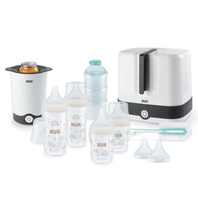 NUK Perfektes Match Komplettes Fütterungsset 🌈 | Ab 0 Monate | Vario Express-Sterilisator, 4 Babyflaschen, Flaschenwärmer, Flaschenbürste und mehr | Regenbogen | 8 Stück