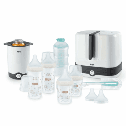 NUK Perfektes Match Komplettes Fütterungsset 🌈 | Ab 0 Monate | Vario Express-Sterilisator, 4 Babyflaschen, Flaschenwärmer, Flaschenbürste und mehr | Regenbogen | 8 Stück