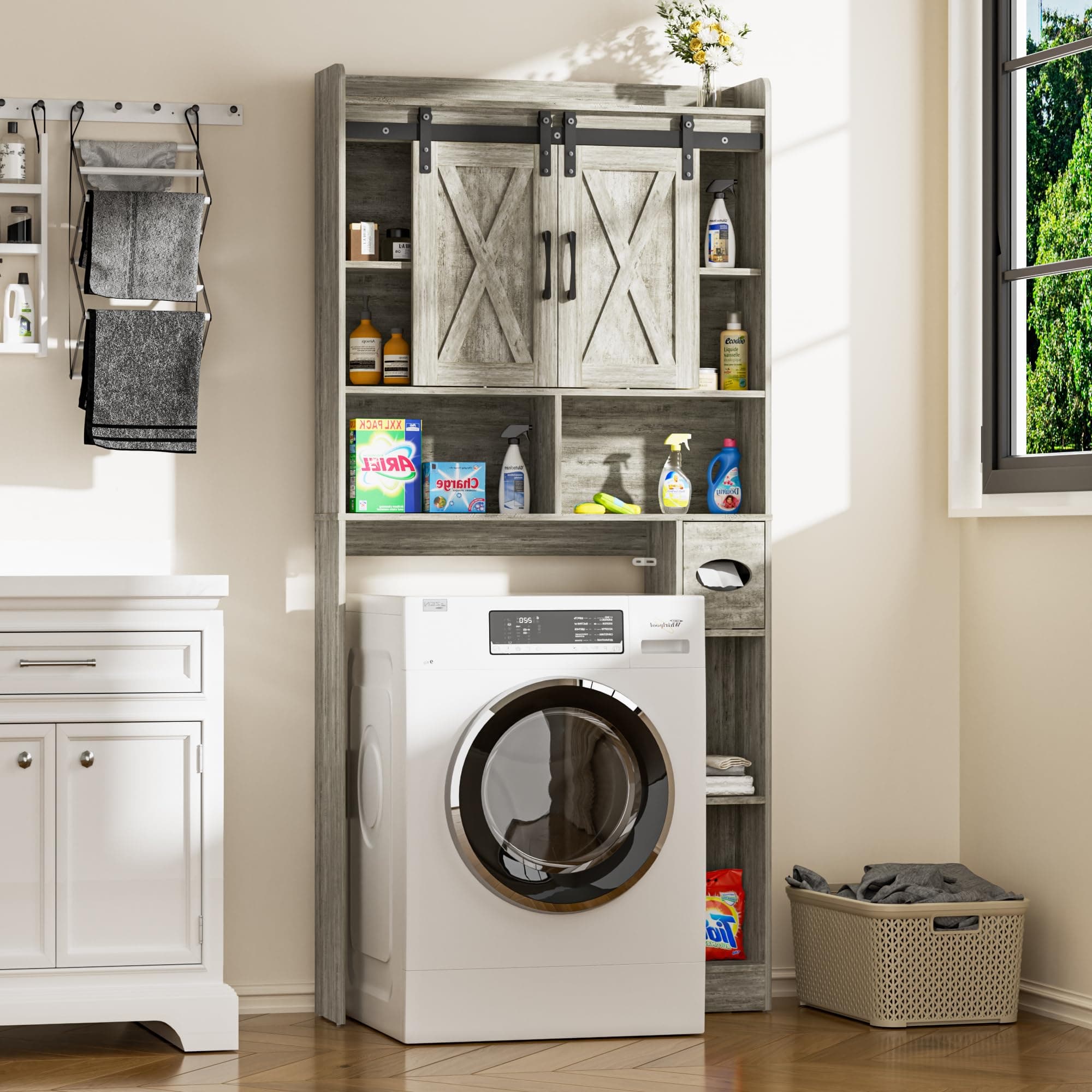 🚽🧼 FiveWillowise Toilettenregal & Waschmaschinenschrank mit Schiebetür - Grau Scheunentüren mit Seitenschrank