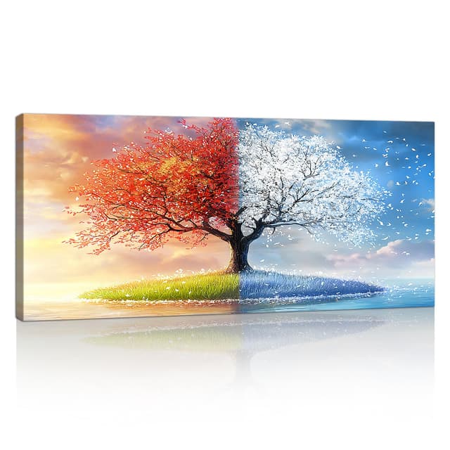 Groß Leinwandbilder Wandbilder Mit Rahmen 🎨 Bunte Kunst Baum bild auf Leinwand 🌳🖼️ Herbst Winter Vier Jahreszeiten Bäume Kunstdruck Gemälde Deko 120x50cm