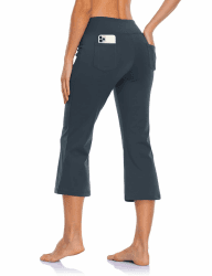 MOVE BEYOND Butterweiche Damen Bootcut Yogahose und 3/4-Hosen mit 4 Taschen Bauchkontrolle Workout Bootleg Arbeitshose M 3/4 Grau 😍👖
