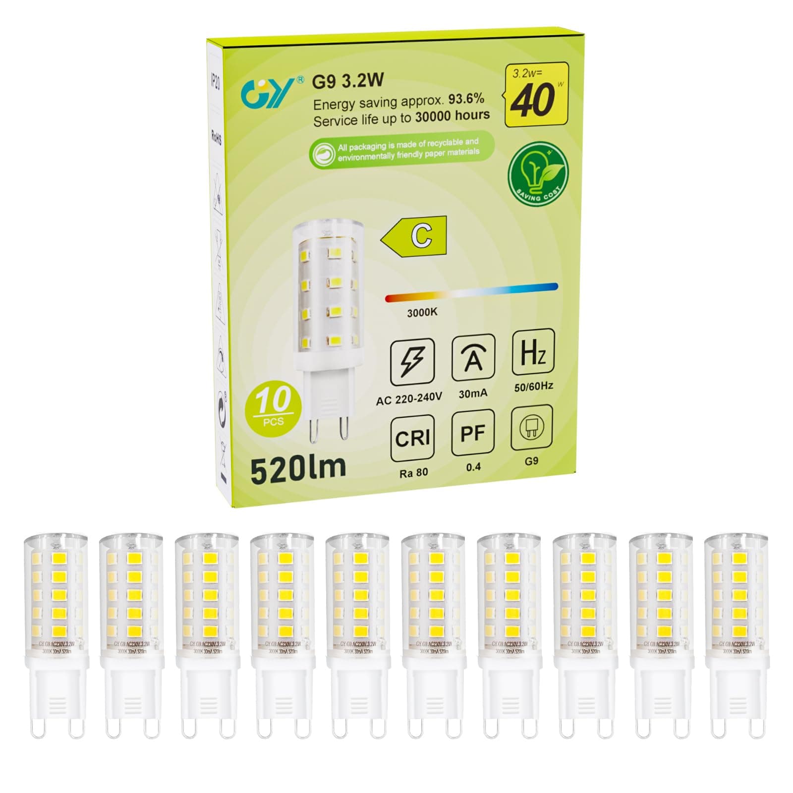 10er G9 LED Lampe Warmweiß 3000K - 10 Stück