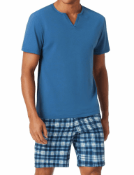 🌙 Bresdk Schlafanzug Herren Kurz Baumwolle V-Ausschnitt Kariert Pyjama Set S-3XL XXL Himmelblau Kariert 🌟