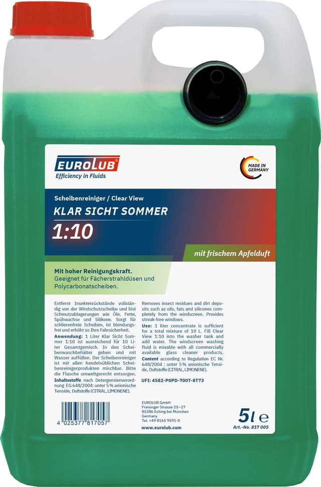🚗 EUROLUB KLAR SICHT Sommer 1:10 Scheibenreiniger-Konzentrat, 5 Liter, Grün 5 l (1er Pack) - Sonderangebot!