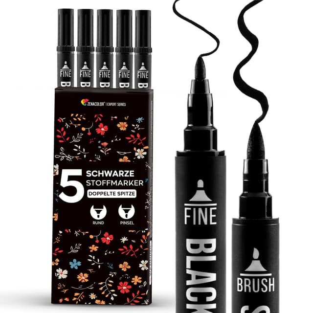 🖌️ Zenacolor 5 Schwarze Textilfarbe Waschmaschinenfest mit Doppelspitze 🎨