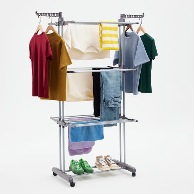 🌟 Amazon Basics Turm-Wäscheständer für innen mit faltbaren Flügeln, Garten, Grau, 4-stufig, 126 x 64 x 173 cm (L x B x H) 🌟