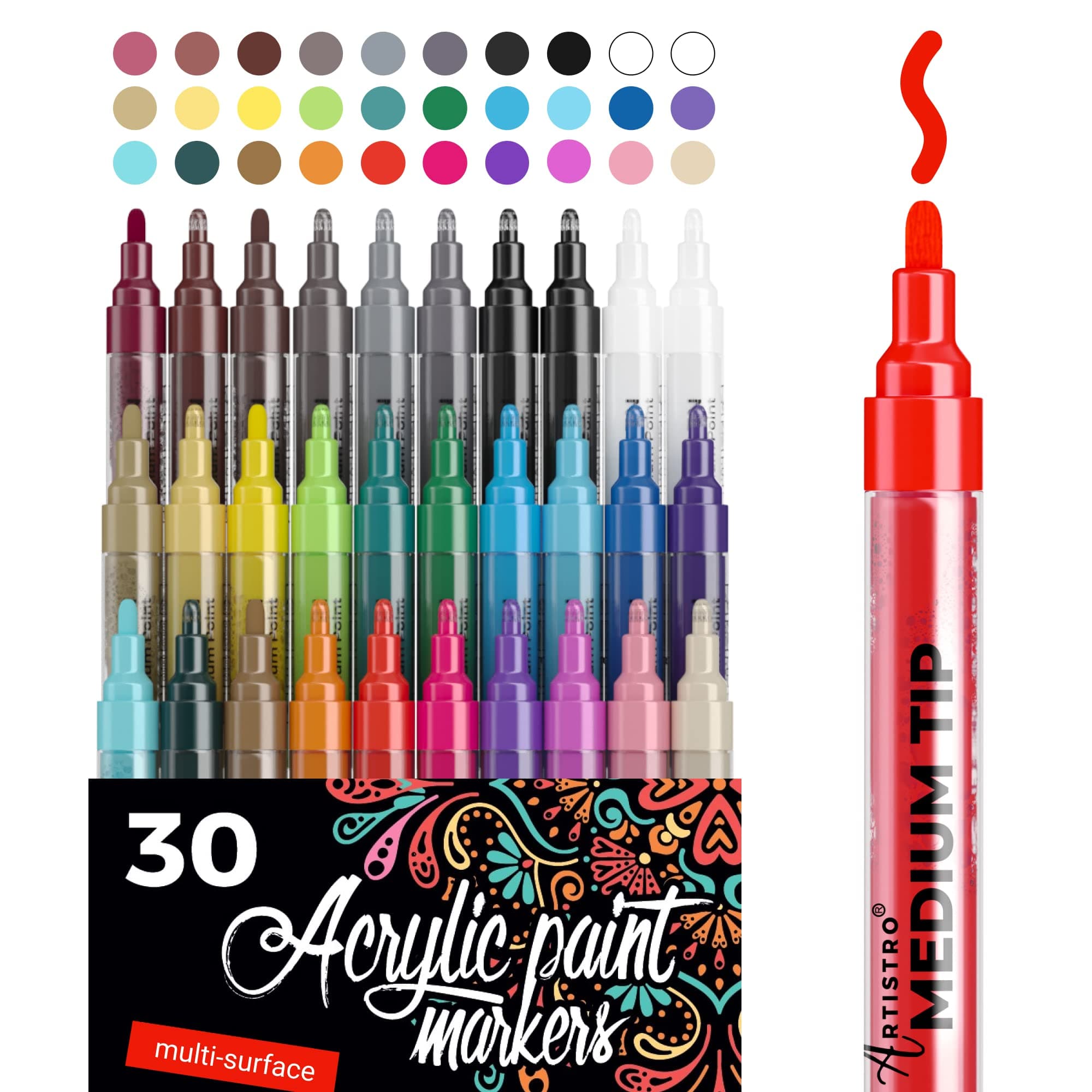 🎨 Acrylstifte - 30 Acryl Marker Medium Spitze (2mm) - Acryl Stifte zum Bemalen von Steinen, Fels, Holz, Stoff, Karte, Papier, Keramik & Glas - 28 Farben + Extra Schwarz & Weiß Acrylic Paint Marker Set 30 Mittlere Spitze