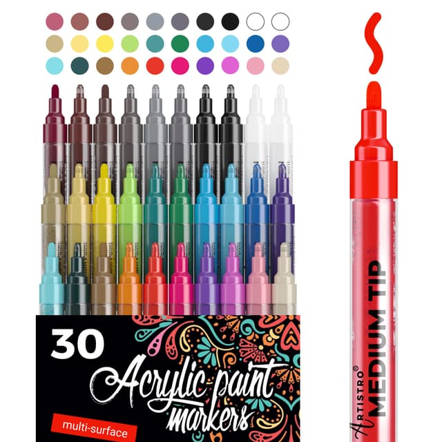 🎨 Acrylstifte - 30 Acryl Marker Medium Spitze (2mm) - Acryl Stifte zum Bemalen von Steinen, Fels, Holz, Stoff, Karte, Papier, Keramik & Glas - 28 Farben + Extra Schwarz & Weiß Acrylic Paint Marker Set 30 Mittlere Spitze