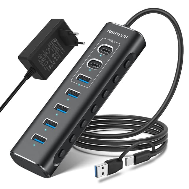 🔌🚀 RSHTECH USB C Hub Aktiv mit Netzteil - 7-Port USB C 3.2 Hub Aktiv