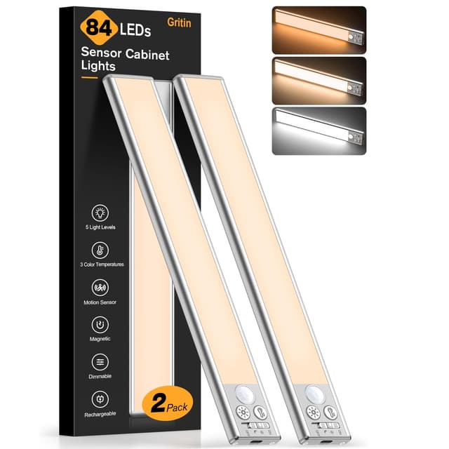 Gritin Schrankbeleuchtung Unterbauleuchte Küche LED Bewegungsmelder -84 LEDs Superhell Küche Licht Aufladbar,3 Farbe&5 Helligkeit,4 Modi,1800mAh Akku