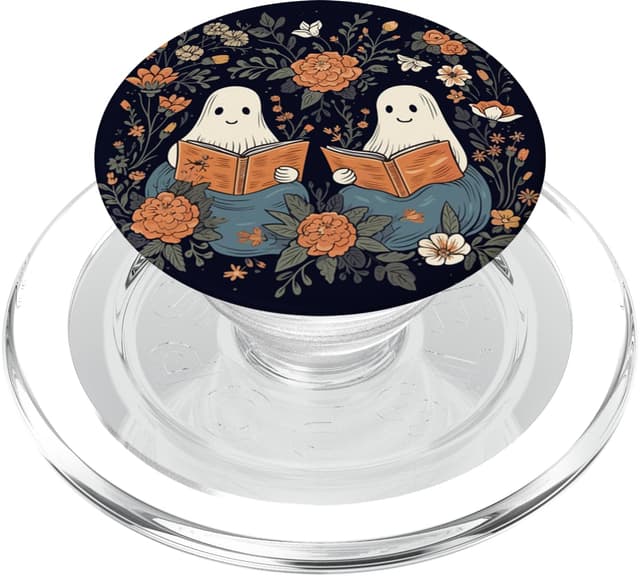 👻📚 Ghost Reading Book Retro Floral Spooky Bookworm Halloween PopSockets PopGrip für MagSafe