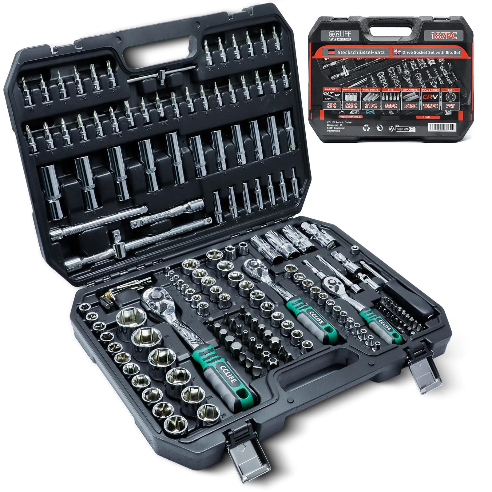 🔧 CCLIFE 187 tlg Steckschlüsselsatz Cr-V Ratschenkoffer 🧰 Werkzeugkoffer 72 Zähne 1/2" 1/4" 3/8" Sechskant Steckschlüsseleinsatz Torx, Schlitz, Phillips, Pozidrive Bit Steckschlüsseleinsätze 🔧