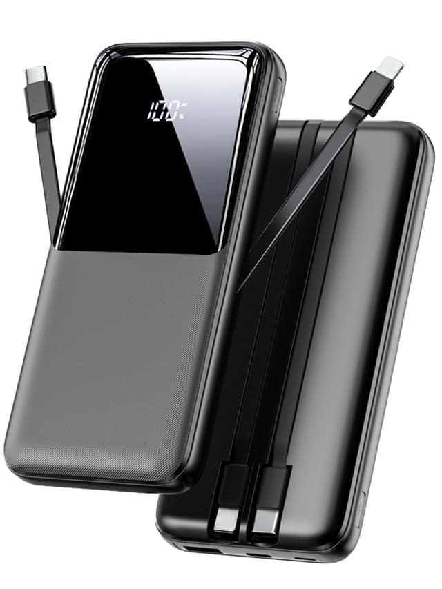 🔋 Power Bank 26800mAh Schwarz | Tragbares Ladegerät mit 3 Anschlüssen & 2 integrierten Kabeln