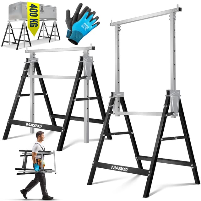 MASKO® Teleskop-Arbeitsbock Untergestell 1er Set 🛠️ | Klappbock max. Belastbarkeit 200 kg | Unterstellbock höhenverstellbar Min. / max. Arbeitshöhe 800-1300 mm | Gerüstbock inkl. Handschuhe | Schwarz 1er Set Silber / Schwarz