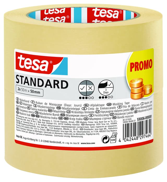 🎨🏡 tesa Malerband Standard - 2er Pack - Malerabdeckband mit starker Haftung