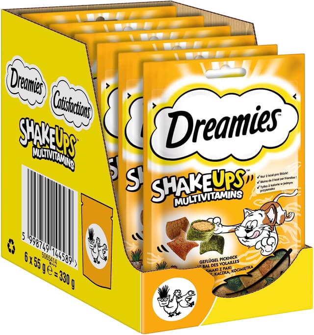 🐱😺 DREAMIES SHAKE UPS Multivitamins Geflügel Picknick Katzenleckerlis - 55g (6 Beutel) 🎉