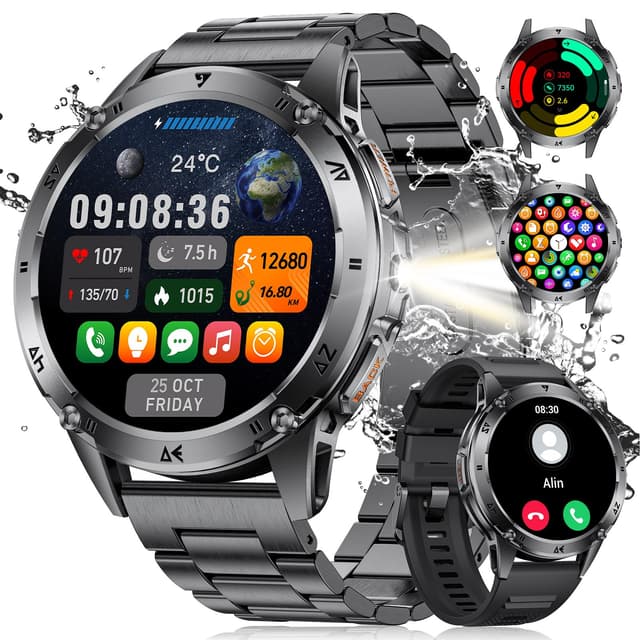LIGE Militär Smartwatch Herren mit LED-Licht,1,43" HD AMOLED Smartwatch