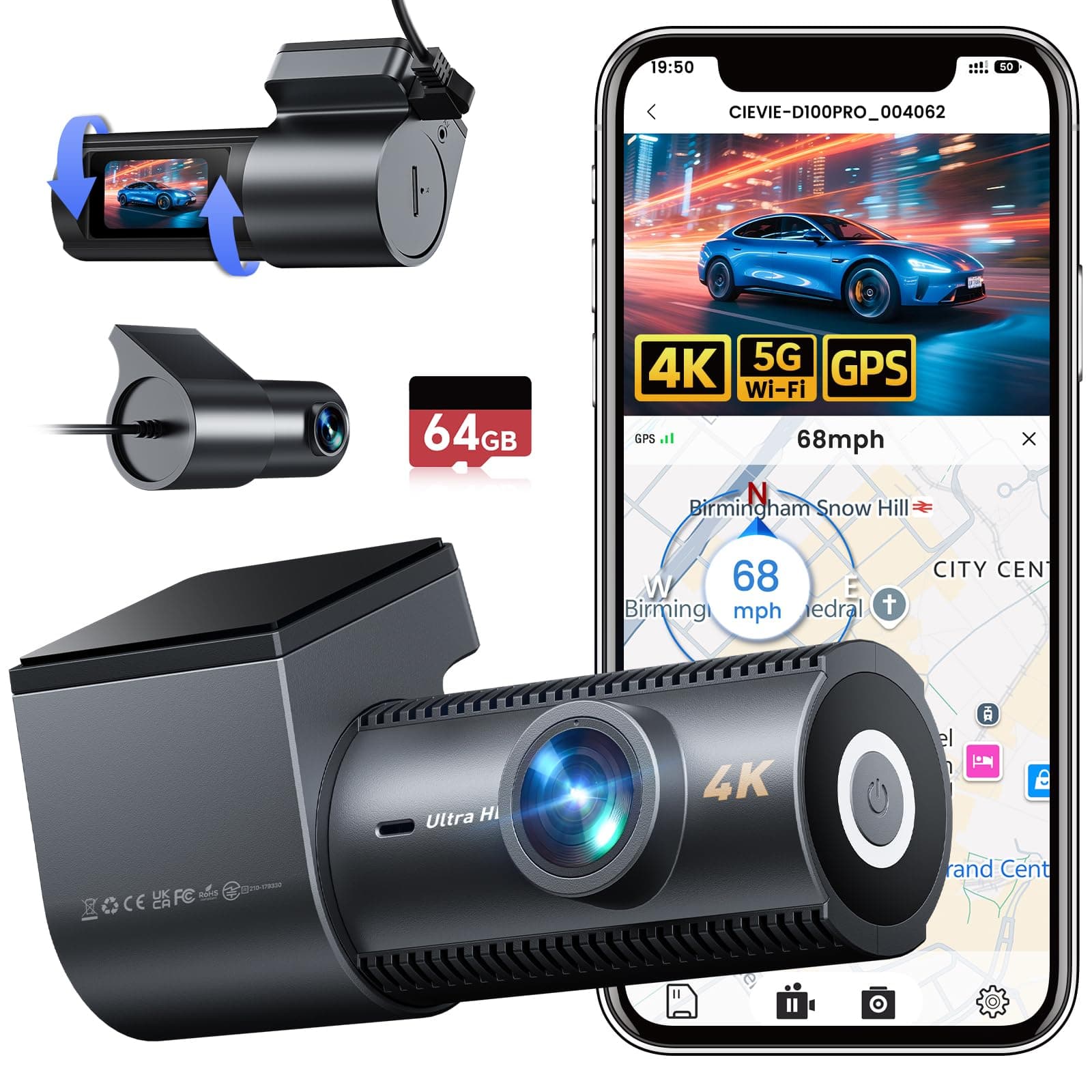 CIEVIE 4K Dashcam Auto Vorne Hinten mit GPS 5GHz WiFi 🚗📹