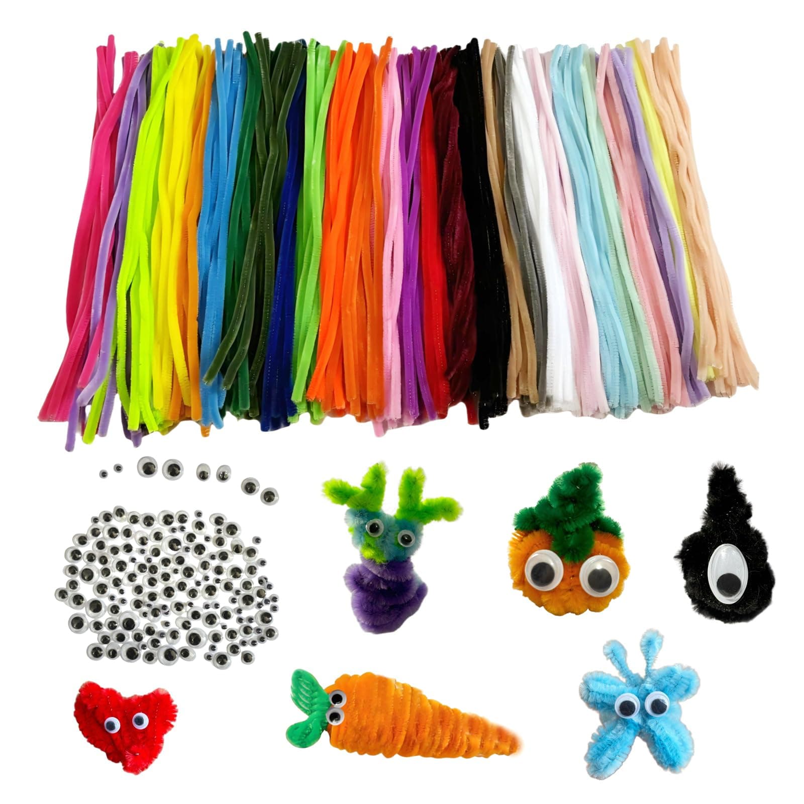 🌈 LGIFUTMAX 450 Stück 300 Pfeifenputzer zum Basteln 30Farben Pfeifenreiniger Chenilledraht 30cm,150 Selbstklebende Wackelaugen 🎨
