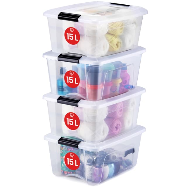 📦🔒 Iris Ohyama Aufbewahrungsboxen 15L, 4er-Set - Transparent & Stapelbar