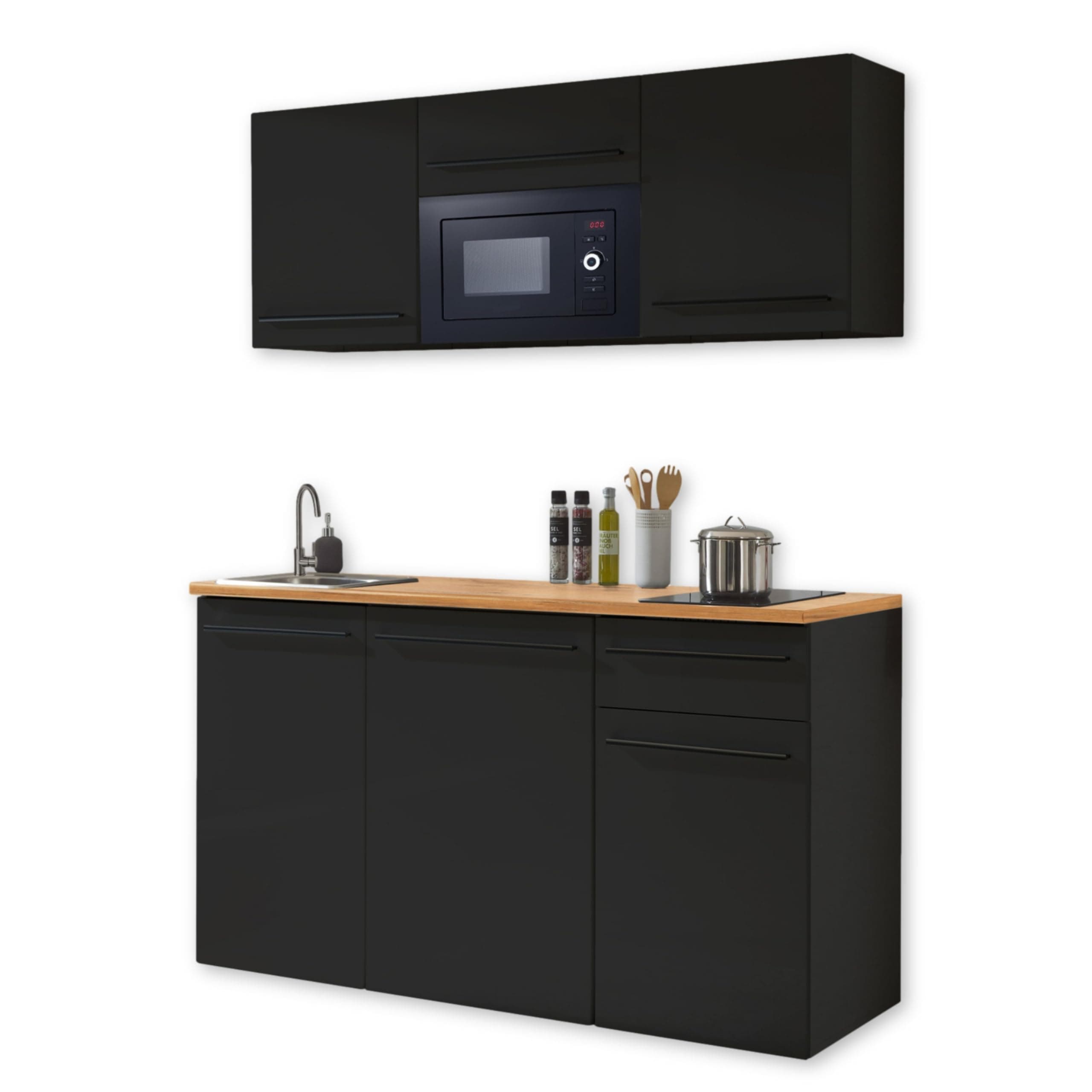 🌟 84-240-18 Single Küche JAZZ Küchenblock Küchenzeile Schwarz ca. 160 x 212 x 60 cm Schwarz Matt 🌟