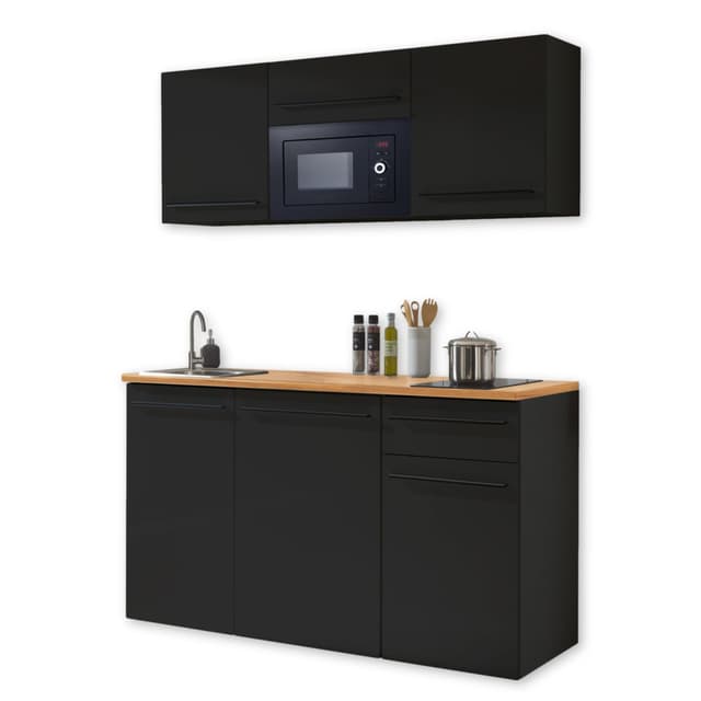 🌟 84-240-18 Single Küche JAZZ Küchenblock Küchenzeile Schwarz ca. 160 x 212 x 60 cm Schwarz Matt 🌟