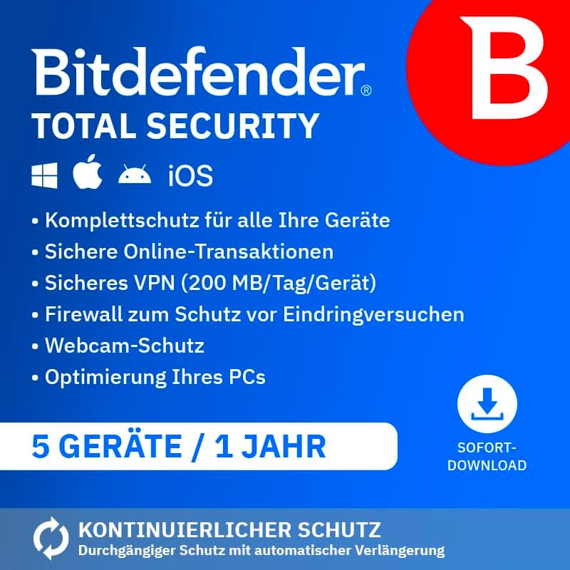 Bitdefender Total Security 2025 | 5 Geräte | 1 Jahr | PC/Mac/iOS/Android 🛡️🔒