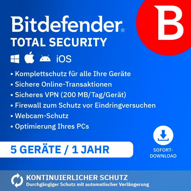Bitdefender Total Security 2025 | 5 Geräte | 1 Jahr | PC/Mac/iOS/Android 🛡️🔒
