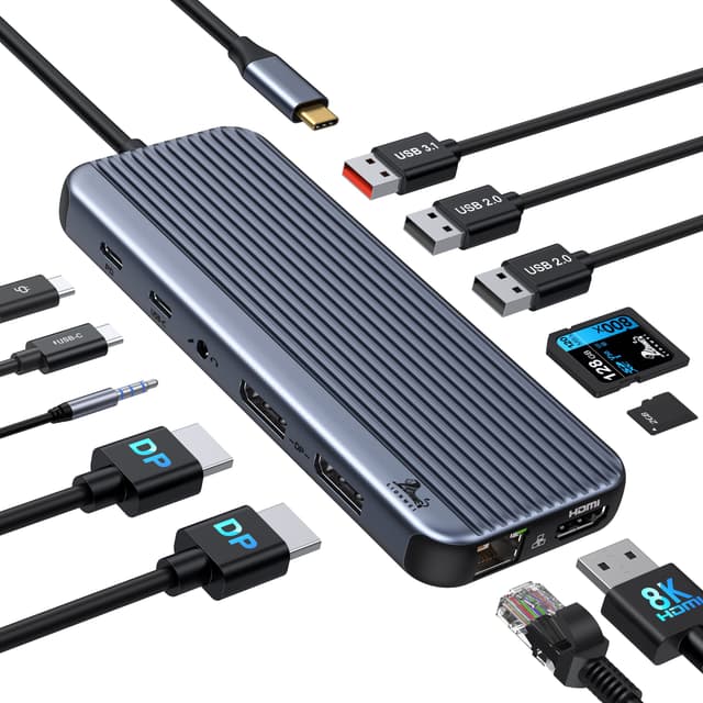 Docking Station Triple Display Multiport USB Hub, 12-in-1 USB C Docking Station mit 8K HDMI, Dual DP, 2*USB 3.1 10Gbps, USB 2.0, 100W PD, Ethernet, SD/TF Kartenleser