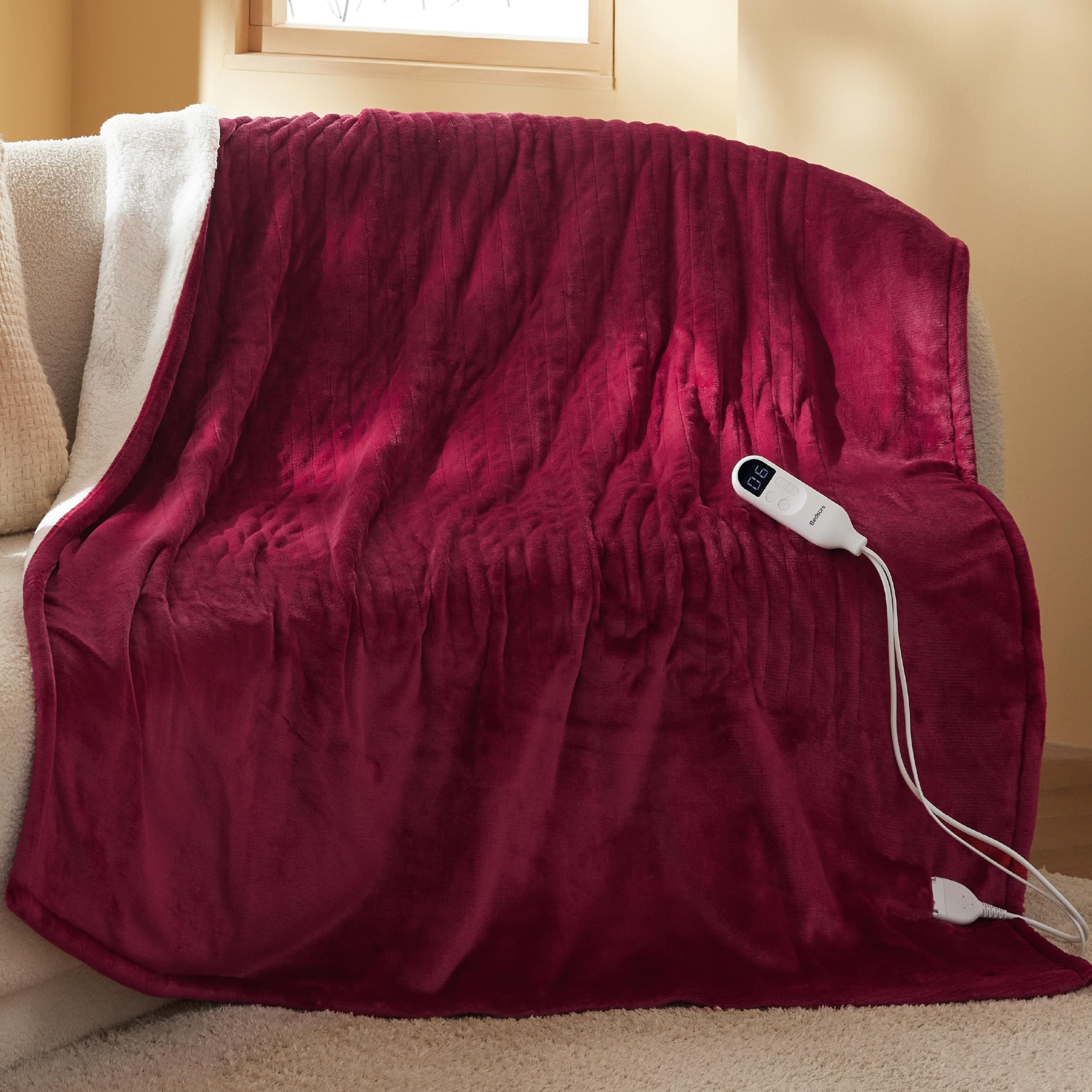 🔥 BEDSURE Heizdecke mit Abschaltautomatik 130x180cm - Wärmedecke mit 6 Heizstufen & 10 Stunden Timer, bis zu 8 Stunden Überhitzungsschutz, Elektrische Kuscheldecke für Zuhause & Büro, Rot 130 x 180 cm 08 - Rot 🔥