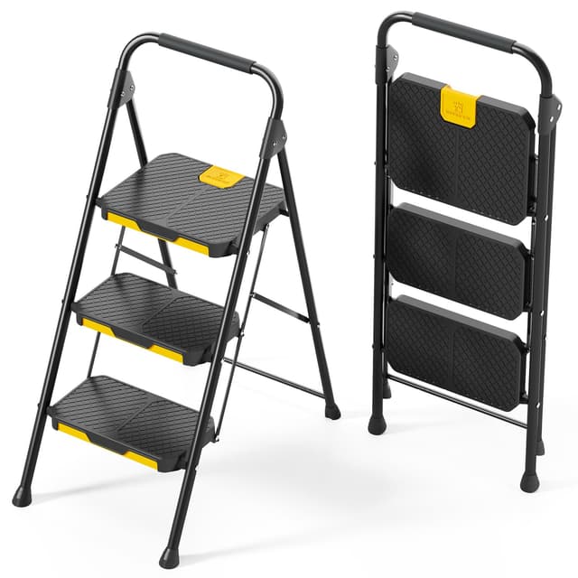 🌟🪜 KINGRACK Leiter 3 Stufen: Klappbare Haushaltsleiter mit Sicherheitsverriegelung und Anti-Rutsch Pedal 🪜🌟