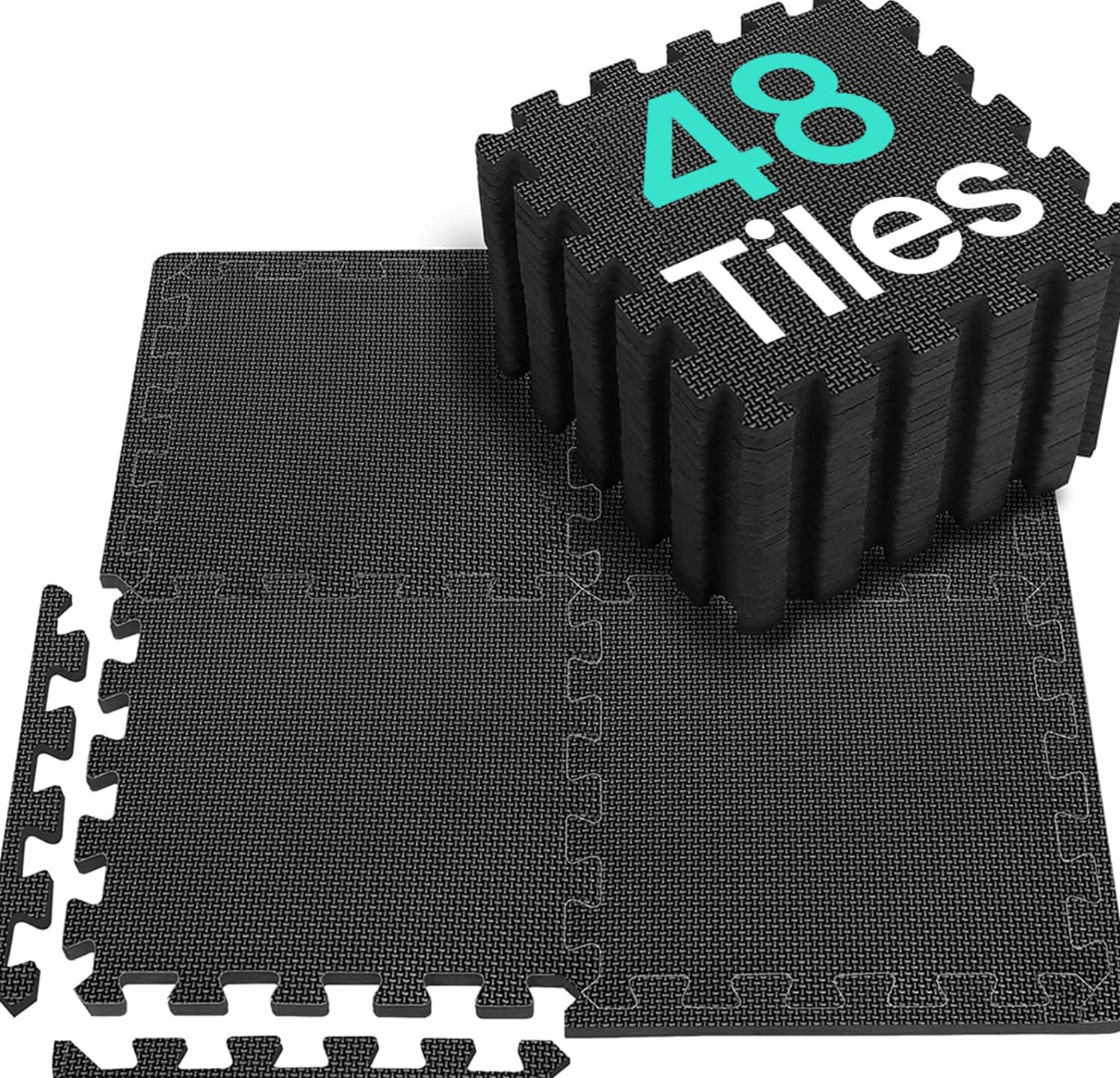Bodenschutzmatte Fitness Set [31x31cm], 24/36/48 Puzzlematte, Eva Sportmatte Fitnessmatte rutschfest, Bodenmatte für Fitnessraum&Fitnessgerät, Fallschutzmatten Outdoor 4.41 Qm/48 Matten - Schwarz