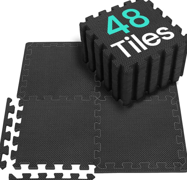 Bodenschutzmatte Fitness Set [31x31cm], 24/36/48 Puzzlematte, Eva Sportmatte Fitnessmatte rutschfest, Bodenmatte für Fitnessraum&Fitnessgerät, Fallschutzmatten Outdoor 4.41 Qm/48 Matten - Schwarz
