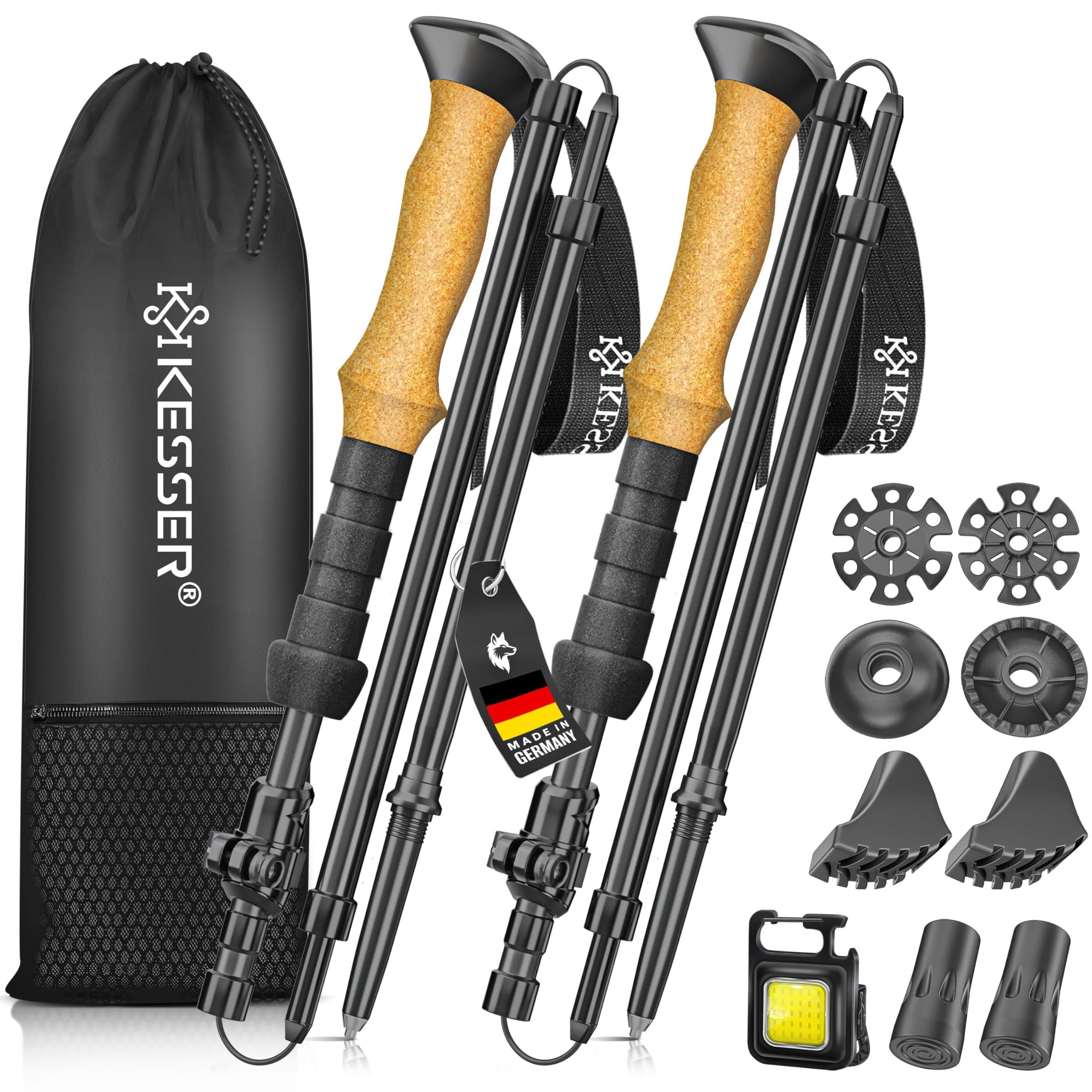 🌲 KESSER® Wanderstöcke Aluminium oder Carbon mit Korkgriff | Nordic Walking Stöcke 🚶‍♂️ faltbar oder Teleskop Trekkingstöcke zum Wandern, Trekking, Skitour & Bergsport inkl. Camping-Licht Faltbar - 115-135cm Schwarz