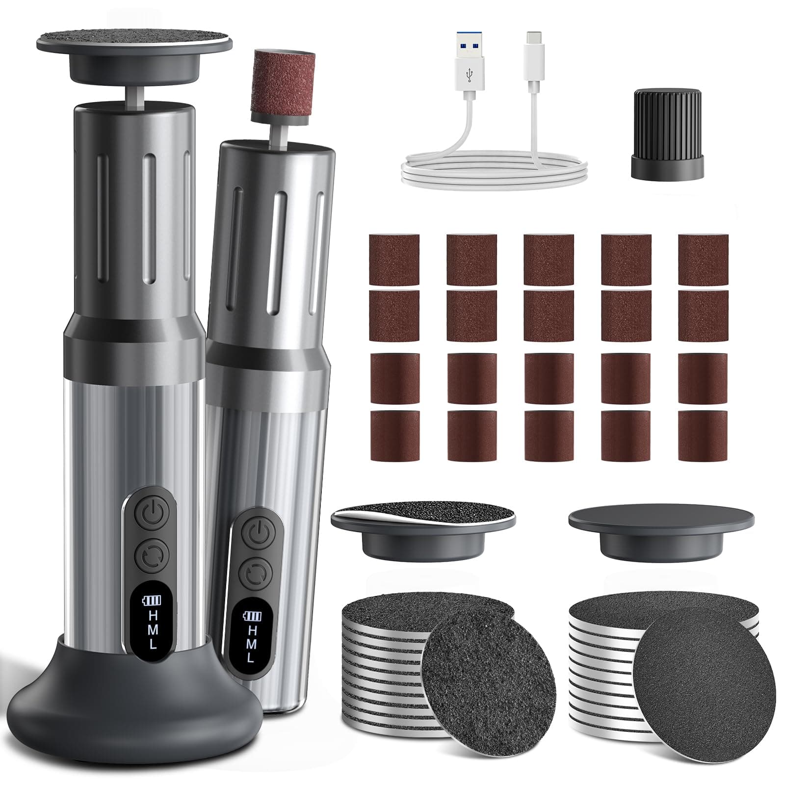 Robofun 2025 Neu Hornhautentferner Elektrischer mit LED-Anzeige, 2 in 1 Professionelles Hornhautentferner-Set mit Fußfeilen und Nagelpolierer Grau 🦶💅